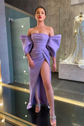Vestido de noche largo de sirena satinado con hombro descubierto y abertura