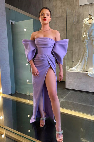 Off the Shoulder Long Mermaid Satin Formal Prom Dress with Slit