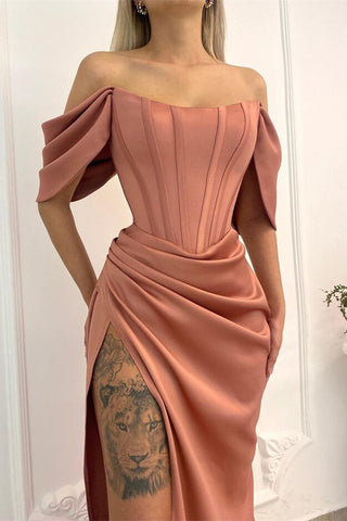 Off-the-Shoulder Long Mermaid Satin Formal Prom Dress with Split