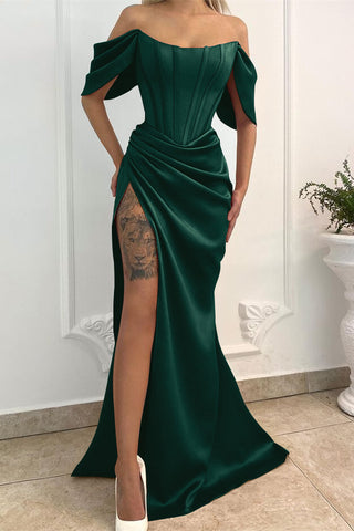 Off-the-Shoulder Long Mermaid Satin Formal Prom Dress with Split