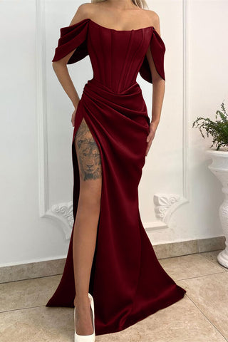 Off-the-Shoulder Long Mermaid Satin Formal Prom Dress with Split
