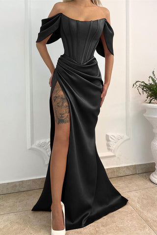 Off-the-Shoulder Long Mermaid Satin Formal Prom Dress with Split