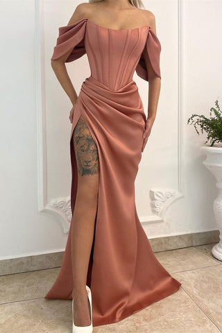 Off-the-Shoulder Long Mermaid Satin Formal Prom Dress with Split