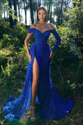 Vestido de Noche Largo de Manga Larga Caído al Hombro Azul Real Brillante con Lentejuelas y Abertura
