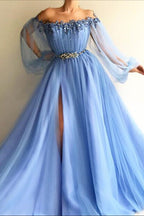 Off-the-Shoulder Long Sleeves Long Tulle Prom Dress With Beads and Slits