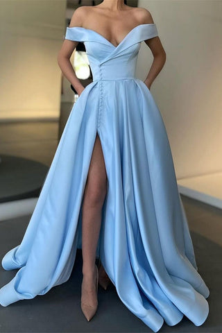 Burgundy A-line Satin Off-the-Shoulder Long Split Prom Dress with Pockets