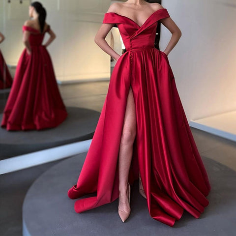 Burgundy A-line Satin Off-the-Shoulder Long Split Prom Dress with Pockets