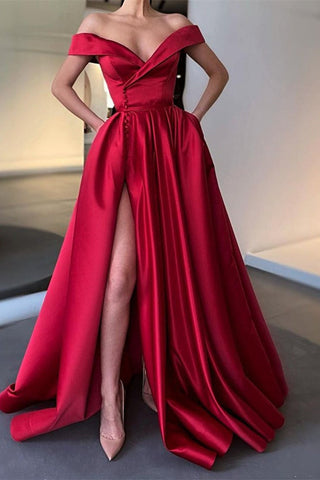 Burgundy A-line Satin Off-the-Shoulder Long Split Prom Dress with Pockets