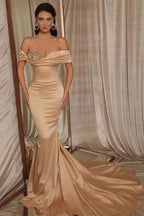 Long Off-the-Shoulder Mermaid Satin Evening Dress with Beadings