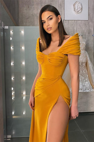 Off-the-Shoulder Satin Mermaid Prom Dress with Slit Long