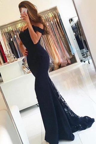 Off-the-Shoulder Mermaid Long Satin Black Formal Prom Dress