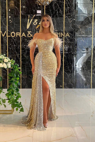 Long Off-the-Shoulder Mermaid Ruffles Sequins Evening Dress with Split