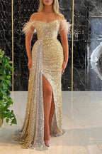 Vestido de festa comprido com decote em V, sereia, folhos, lantejoulas e racha