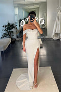Robe de bal blanche à paillettes sirène asymétrique avec fente