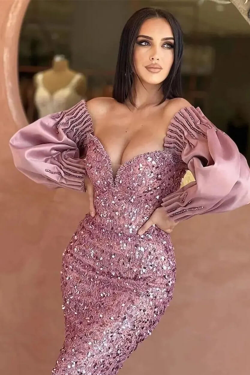 Dunkelgrünes schulterfreies Meerjungfrau-Abendkleid mit Herzausschnitt und langen Ärmeln und Pailletten