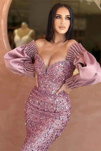 Dunkelgrünes schulterfreies Meerjungfrau-Abendkleid mit Herzausschnitt und langen Ärmeln und Pailletten