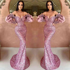 Dunkelgrünes schulterfreies Meerjungfrau-Abendkleid mit Herzausschnitt und langen Ärmeln und Pailletten