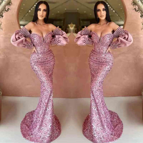 Dark Green Off The Shoulder Mermaid Sweetheart Long Sleeves Evening Dress with Sequins