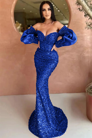 Dark Green Off The Shoulder Mermaid Sweetheart Long Sleeves Evening Dress with Sequins
