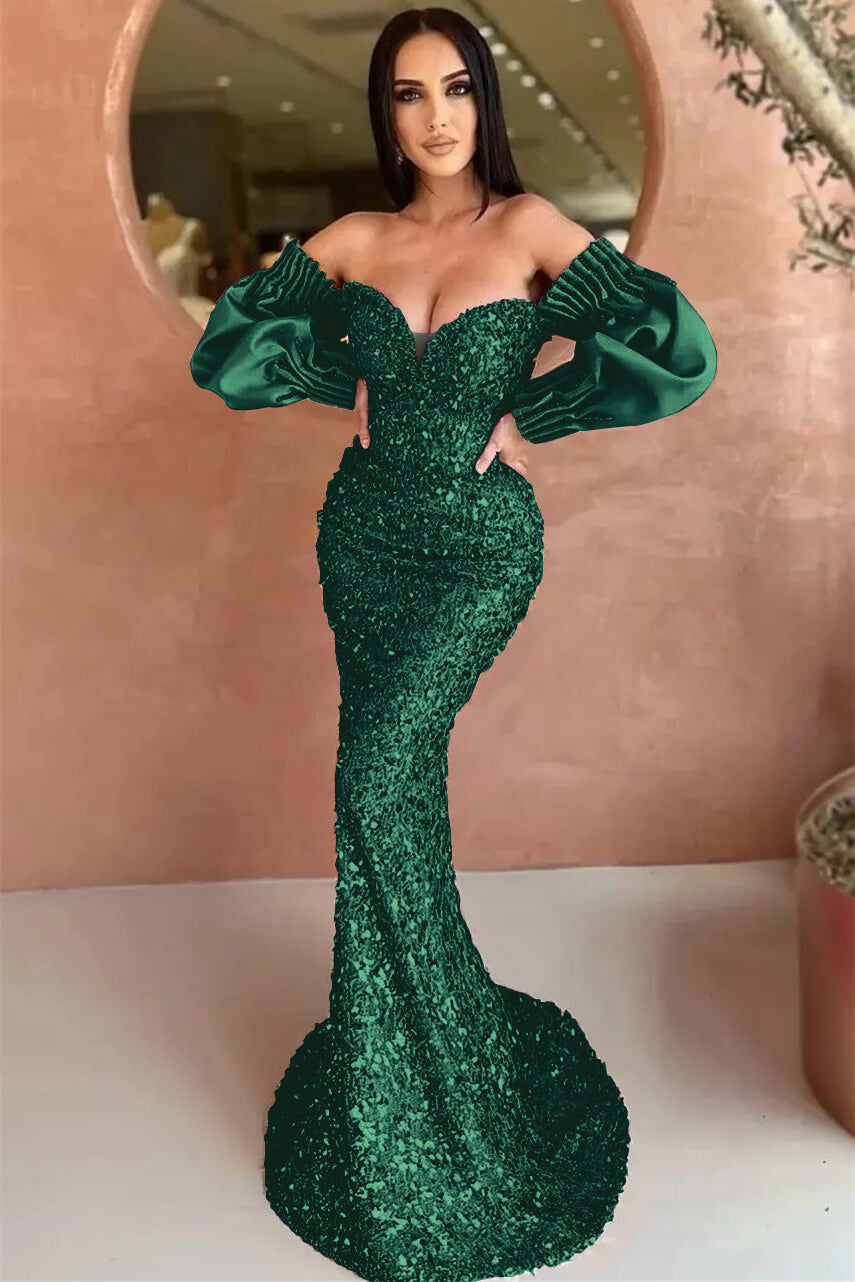 Vestido de festa verde escuro com decote em V e mangas compridas, estilo sereia e lantejoulas
