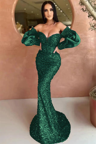 Dark Green Off The Shoulder Mermaid Sweetheart Long Sleeves Evening Dress with Sequins