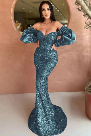Dark Green Off The Shoulder Mermaid Sweetheart Long Sleeves Evening Dress with Sequins