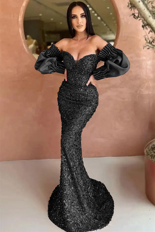 Dark Green Off The Shoulder Mermaid Sweetheart Long Sleeves Evening Dress with Sequins