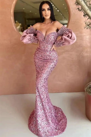 Dark Green Off The Shoulder Mermaid Sweetheart Long Sleeves Evening Dress with Sequins