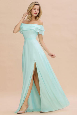 Schulterfreies Mini-Grünes Brautjungfernkleid mit Schlitz vorne, Aline-Strandhochzeitskleid