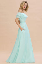 Off the Shoulder Mini-Green Front Slit Bridesmaid Dress Aline Beach Wedding Dress