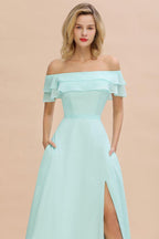 Off the Shoulder Mini-Green Front Slit Bridesmaid Dress Aline Beach Wedding Dress
