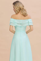 Off the Shoulder Mini-Green Front Slit Bridesmaid Dress Aline Beach Wedding Dress