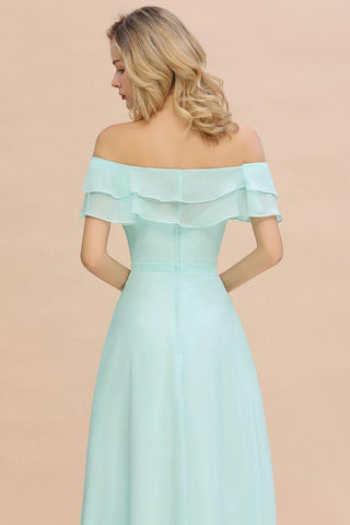 Schulterfreies Mini-Grünes Brautjungfernkleid mit Schlitz vorne, Aline-Strandhochzeitskleid