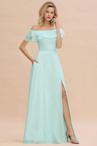 Schulterfreies Mini-Grünes Brautjungfernkleid mit Schlitz vorne, Aline-Strandhochzeitskleid