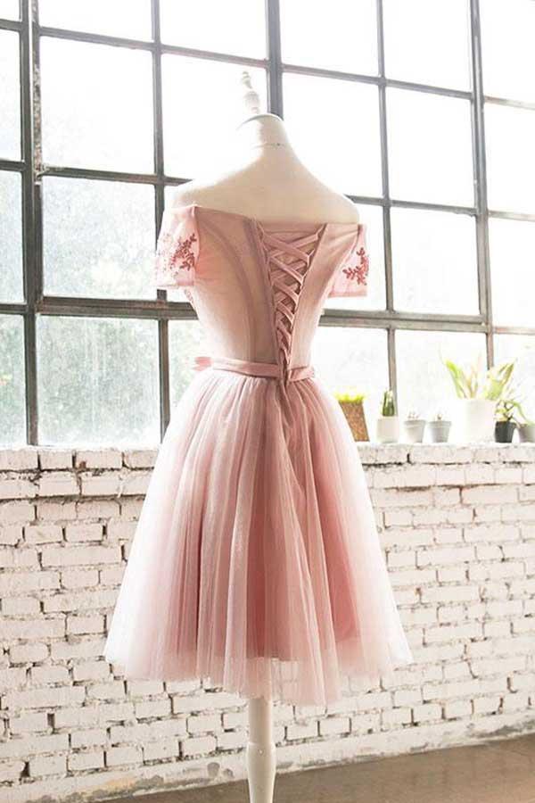 Off The Shoulder Pink Lace Tulle Short Prom Dress Homecoming Dress PD200