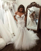 Off the Shoulder Pretty Mermaid Lace Long Tulle Elegant Wedding Dresses by misshow.com