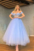 Vestido de fiesta corto de tul, línea A, sin mangas y escote corazón