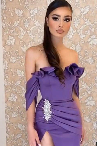 Off-the-Shoulder Long Mermaid Satin Formal Prom Dress with Split