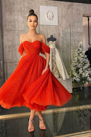 Schulterfreies, rotes, kurzes A-Linien-Abendkleid mit Pailletten