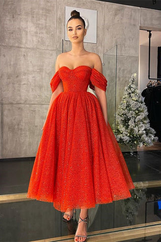 Schulterfreies, rotes, kurzes A-Linien-Abendkleid mit Pailletten
