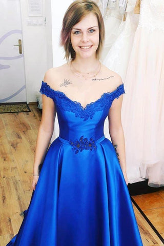 Vestido de festa comprido azul royal com decote ombro a ombro e atilhos nas costas PG861