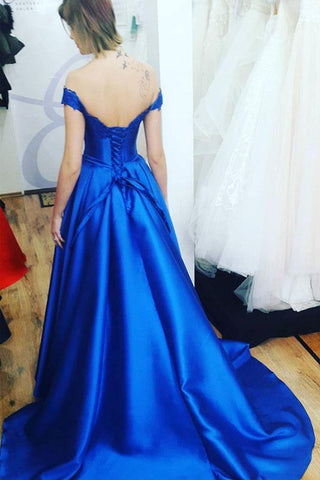 Vestido de festa comprido azul royal com decote ombro a ombro e atilhos nas costas PG861
