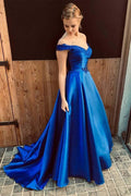Abito da ballo lungo blu reale scollato sulle spalle con schiena allacciata PG861