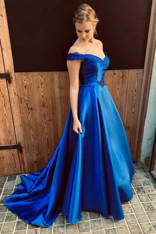 Vestido de festa comprido azul royal com decote ombro a ombro e atilhos nas costas PG861