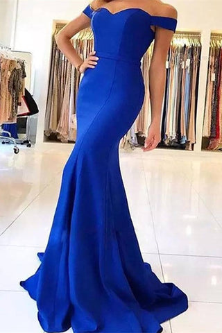 Off-the-Shoulder Royal Blue Long Satin Mermaid Evening Dress