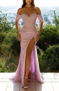 Vestido de noche sirena largo con hombro descubierto, lentejuelas y abertura lateral
