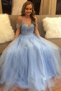 Abiti da Ballo Lunghi e Formali in Tulle Cielo Blu con Perline e Spalline Scoperte  PG963