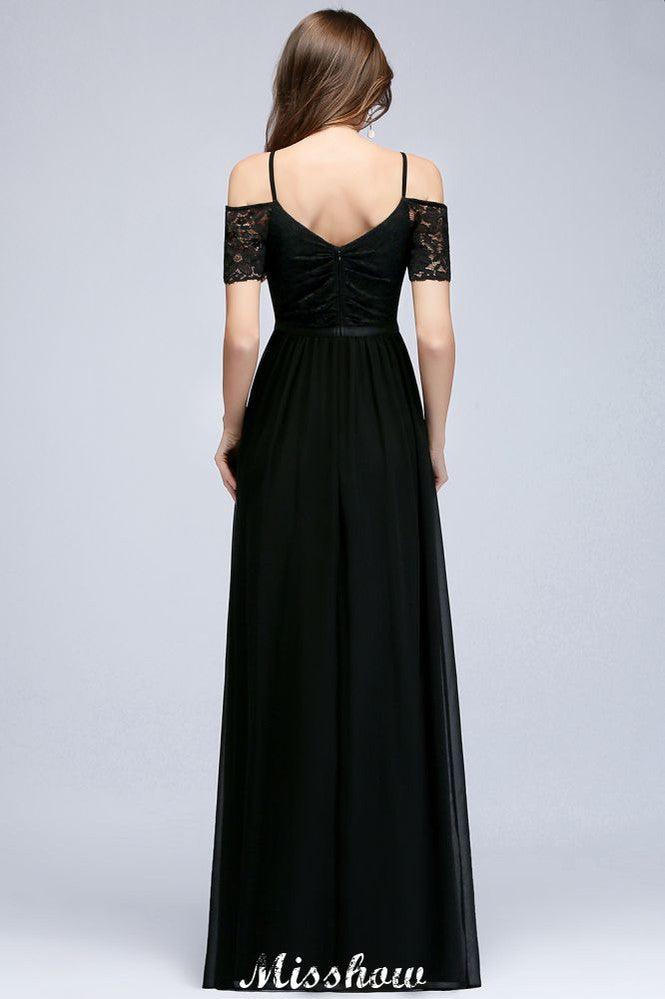 Off-the-shoulder Sleeveless Floor-Length A-line Bridesmaid Dresses Chiffon Lace V-Neck Prom Dress