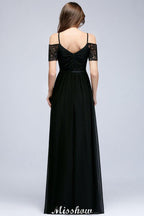 Off-the-shoulder Sleeveless Floor-Length A-line Bridesmaid Dresses Chiffon Lace V-Neck Prom Dress