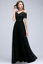 Off-the-shoulder Sleeveless Floor-Length A-line Bridesmaid Dresses Chiffon Lace V-Neck Prom Dress